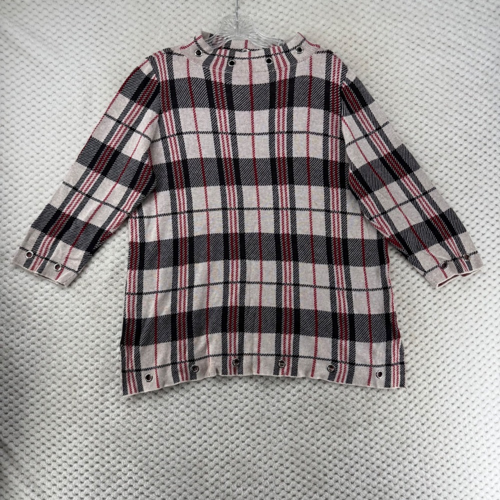 Beldini‎ Womens Plaid Sweater Tunic Top XL Beige Red Black Eyelet Mock Neck
